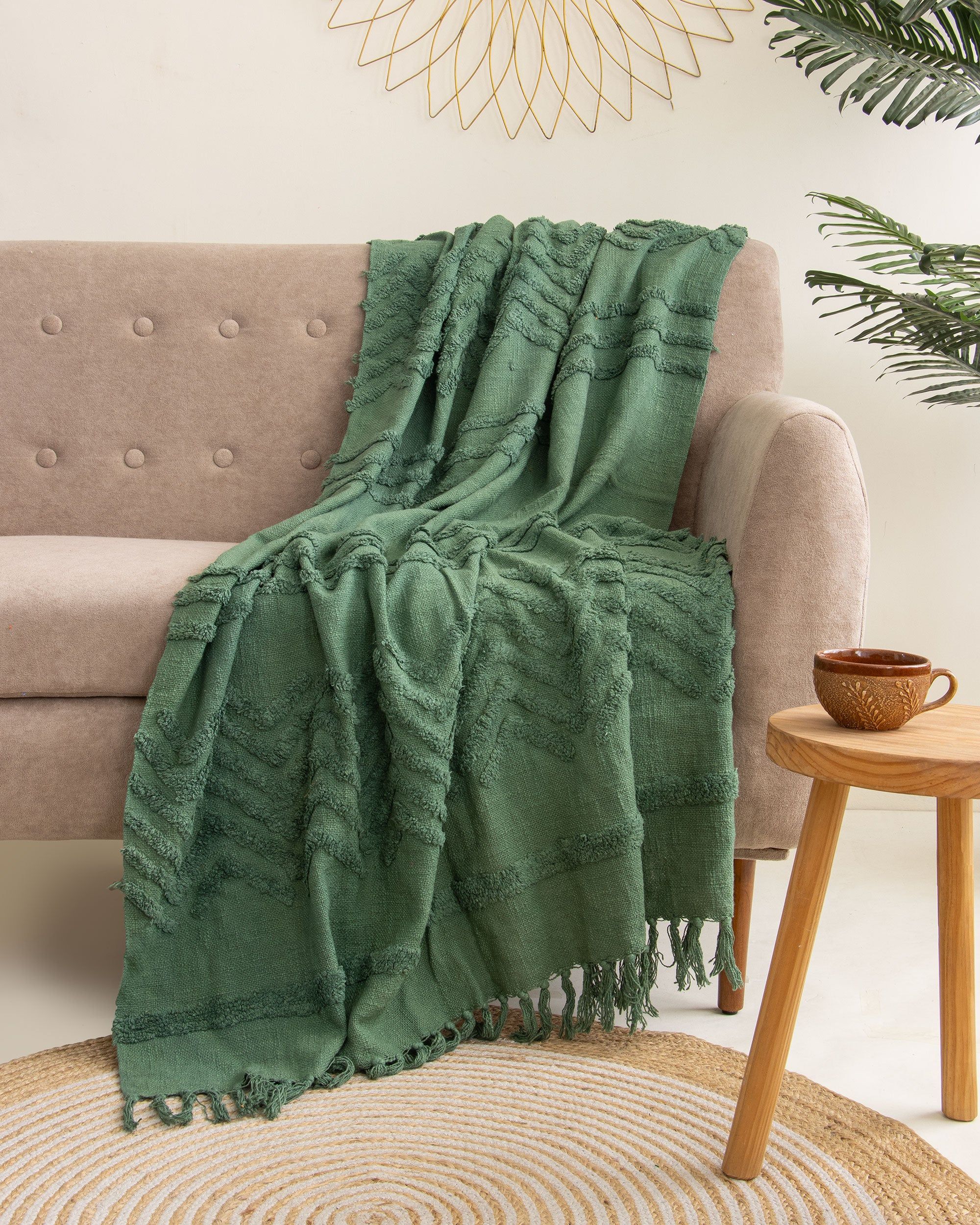 Luxury Green Tufted Bed Cotton Throw Blanket